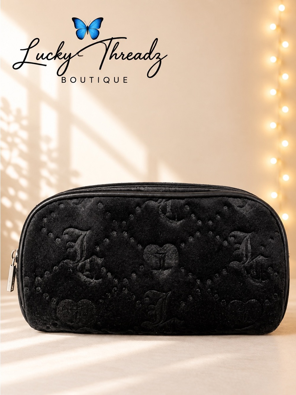 NWOT Juicy Couture Black Embossed Cosmetic Makeup Bag Pink Y2K